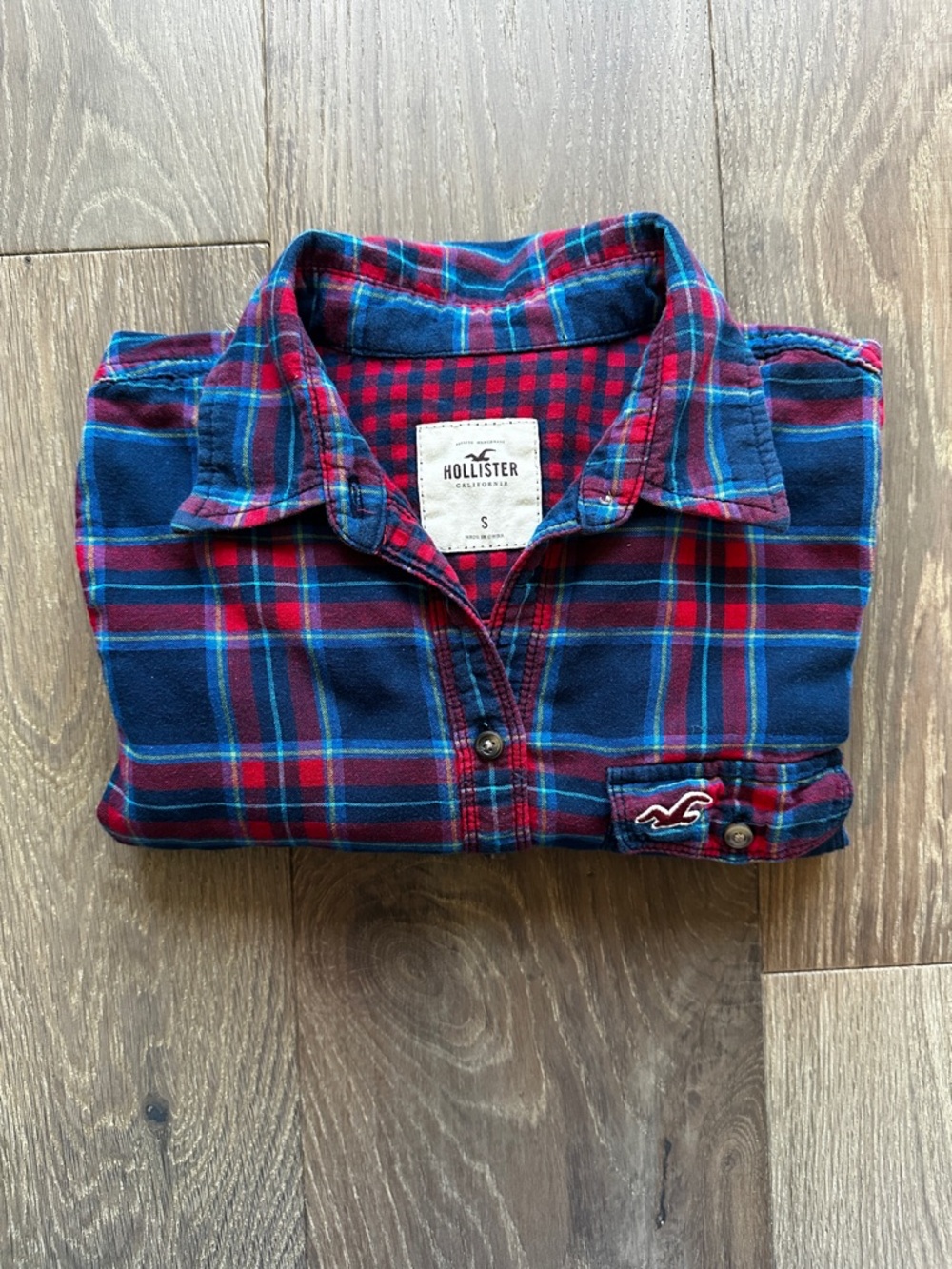 Hollister Navy & Red Plaid Button-Up Shirt